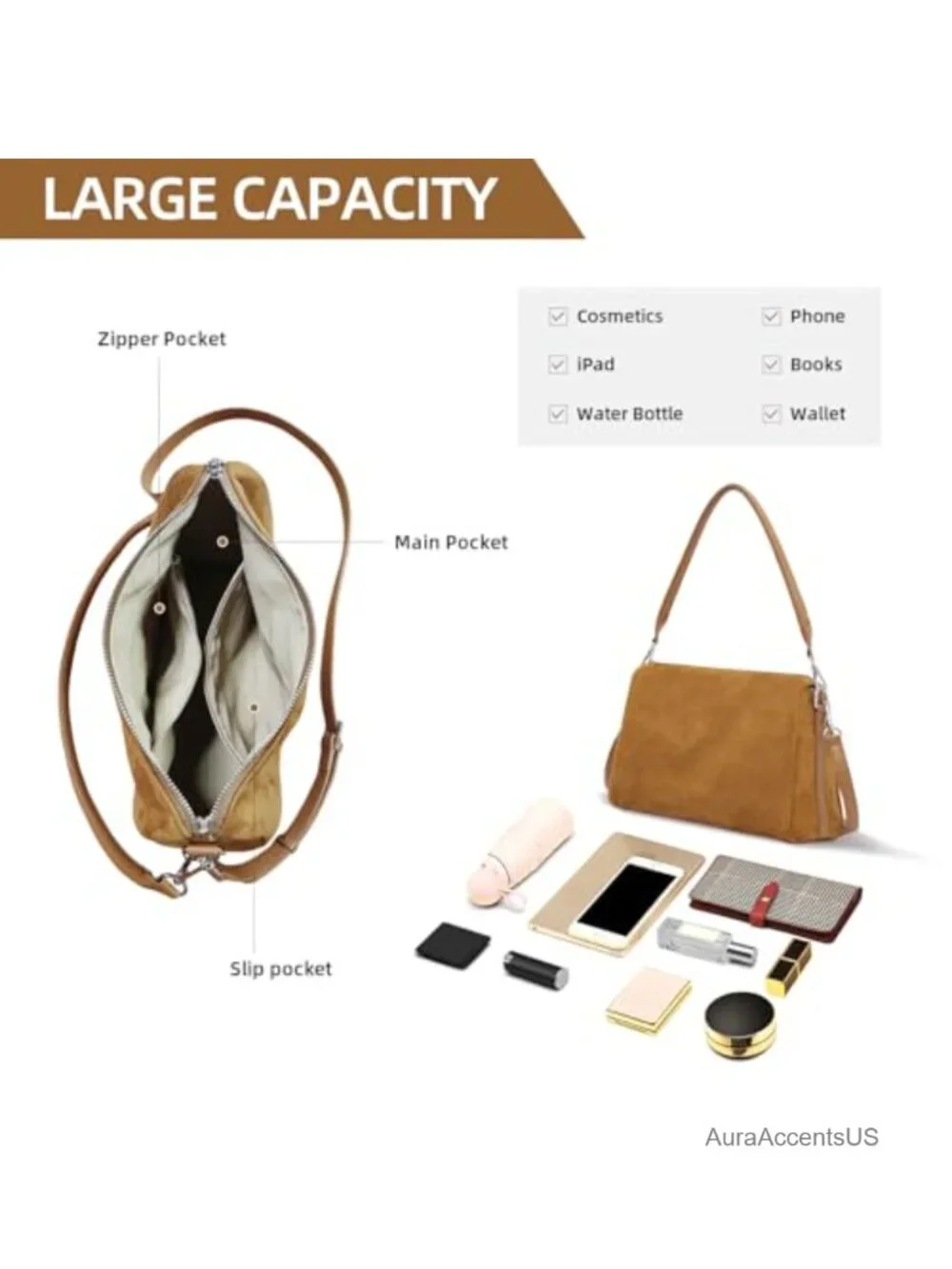 Faux Suede Slouchy Hobo Shoulder Crossbody Bag with Adjustable Straps